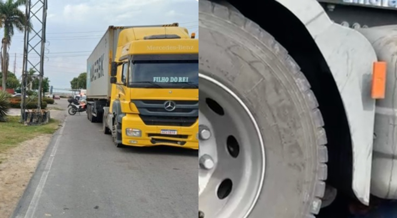 Motoqueiro fica preso debaixo de carreta durante grave acidente em Manaus; veja vídeo