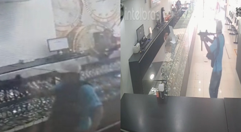 Veja momento em que bandidos armados com metralhadora assaltam loja no Centro de Manaus