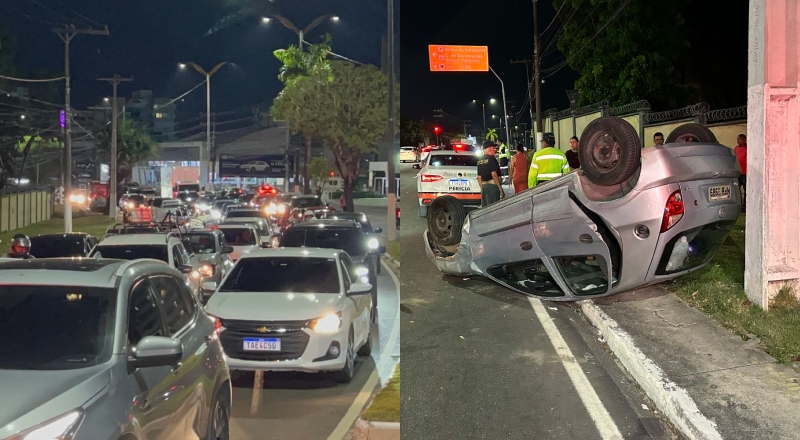 Acidente com capotamento de carro deixa trânsito caótico na Avenida Coronel Teixeira; veja vídeos