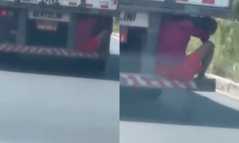 Vídeo mostra homem arriscando a própria vida enquanto ‘pega carona’ em traseira de caminhão em Manaus; veja
