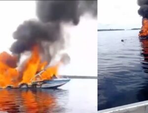 Voadeira pega fogo próximo ao porto de Barcelos, interior do Amazonas; veja vídeo