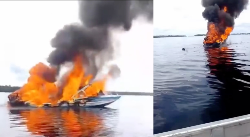Voadeira pega fogo próximo ao porto de Barcelos, interior do Amazonas; veja vídeo