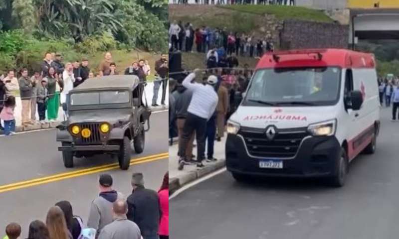 Jipe desgovernado atropela mãe com criança no colo durante desfile militar em SC