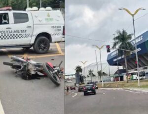 Mulher quebra as duas pernas em acidente de moto próximo da Arena da Amazônia; veja vídeo