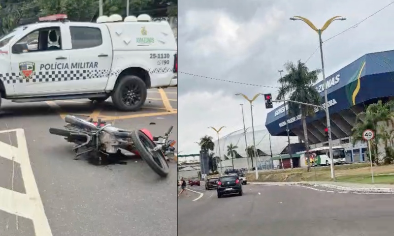 Mulher quebra as duas pernas em acidente de moto próximo da Arena da Amazônia; veja vídeo