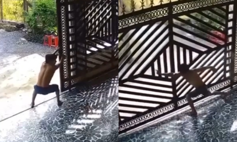 Brincadeira besta termina com portão caindo em cima de pai e filho; veja vídeo