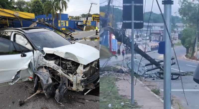 Carro desgovernado derruba poste e complica trânsito na avenida do Turismo; veja vídeo