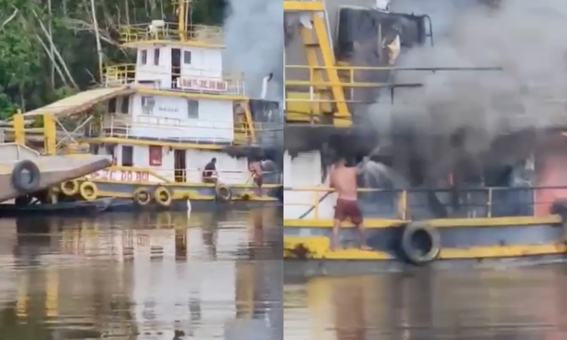 Embarcação pega fogo no Rio Negro e tripulante sofre grave queimadura; veja vídeos