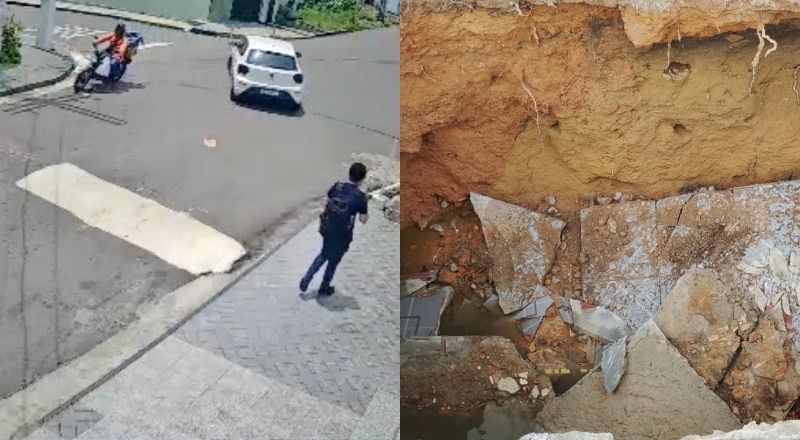 Vídeo mostra momento em que cratera se abre e estudante despenca em buraco, em Manaus; veja