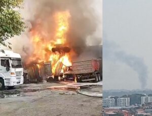 Urgente: incêndio atinge oficina de caminhões no Tarumã; veja vídeo