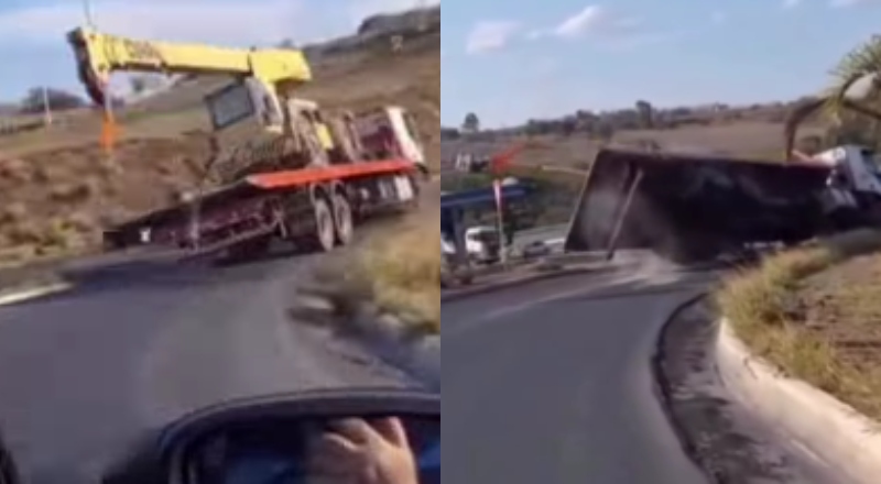 Vídeo mostra momento em que caminhão tomba em rodovia após trator se desprender; veja