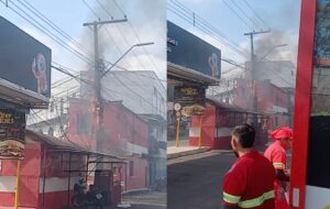 Urgente: poste de energia pega fogo em frente da Grande Família; veja vídeo