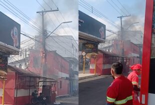 Urgente: poste de energia pega fogo em frente da Grande Família; veja vídeo