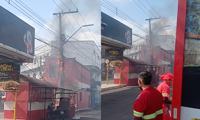 Urgente: poste de energia pega fogo em frente da Grande Família; veja vídeo