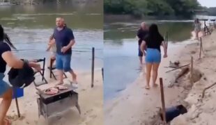 Esposa flagra marido e a amante fazendo churrasquinho na beira do rio; veja vídeo