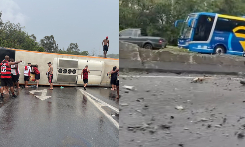 Urgente: ônibus com torcedores do Flamengo capota e deixa feridos; veja vídeo