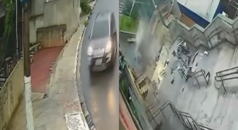 Vídeo flagra carro ”voando” em escadaria após motorista passar mal ao volante; veja