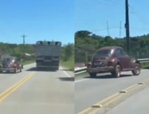 Motorista de Fusca morre após tentar fazer ultrapassagem na contramão e bater de frente contra caminhão; veja vídeo