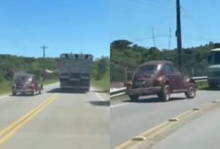 Motorista de Fusca morre após tentar fazer ultrapassagem na contramão e bater de frente contra caminhão; veja vídeo