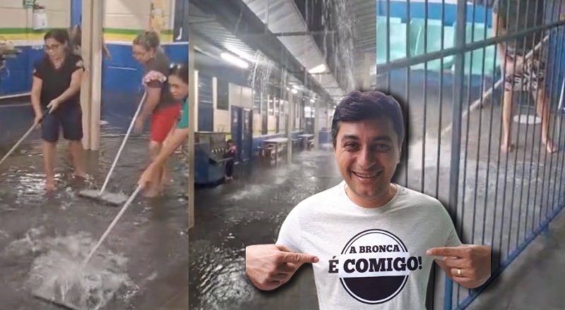 “A bronca não era contigo, governador?”: Escola vira piscina após chuva e expõe descaso do governo do AM com a educação