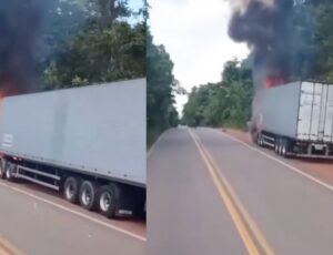 Caminhão pega fogo na BR-174, ao lado de reserva indígena; veja vídeo