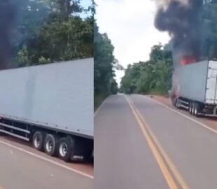 Caminhão pega fogo na BR-174, ao lado de reserva indígena; veja vídeo