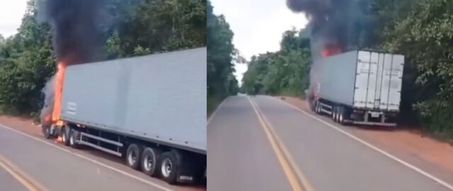 Caminhão pega fogo na BR-174, ao lado de reserva indígena; veja vídeo