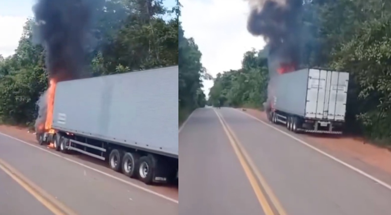 Caminhão pega fogo na BR-174, ao lado de reserva indígena; veja vídeo