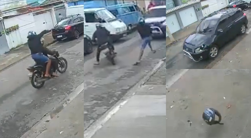 “Strike!”: assaltante na garupa de moto tem “CPF cancelado” por motorista sem piedade; veja vídeo