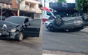 Acidente na Cachoeirinha termina com carro capotado; veja