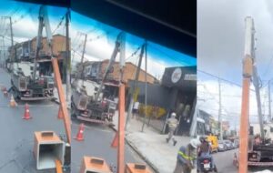Eletricistas ficam gravemente feridos após plataforma de caminhão-guindaste despencar; veja vídeo