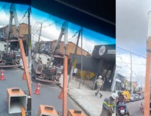 Eletricistas ficam gravemente feridos após plataforma de caminhão-guindaste despencar; veja vídeo