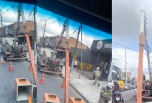 Eletricistas ficam gravemente feridos após plataforma de caminhão-guindaste despencar; veja vídeo