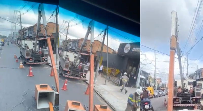 Eletricistas ficam gravemente feridos após plataforma de caminhão-guindaste despencar; veja vídeo