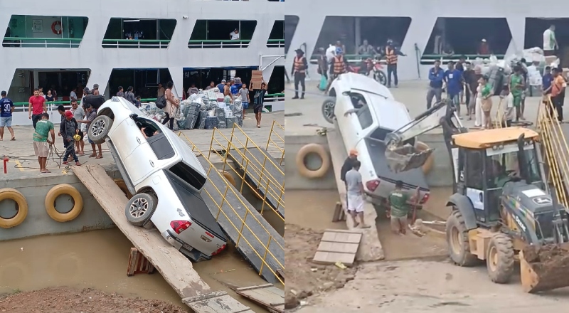 Motorista de picape tenta usar pranchas de madeira para embarcar e tudo dá errado no porto de Manicoré; veja vídeo