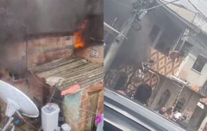 Incêndio atinge casa no bairro Compensa e moradores se reúnem para apagar as chamas; veja vídeo