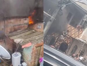 Incêndio atinge casa no bairro Compensa e moradores se reúnem para apagar as chamas; veja vídeo