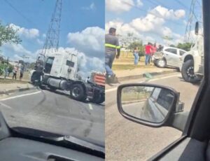 Caminhão perde controle e atinge carro na Avenida das Torres; veja vídeo