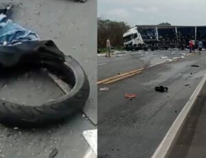 Motoqueiro morre carbonizado em acidente com carreta na BR-135; veja vídeo