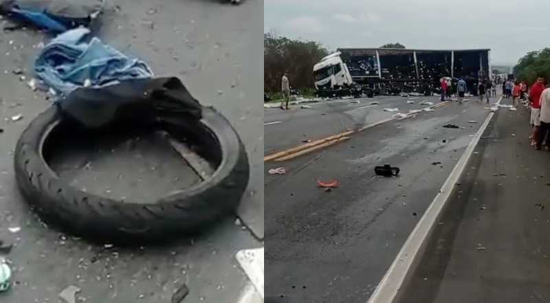 Motoqueiro morre carbonizado em acidente com carreta na BR-135; veja vídeo