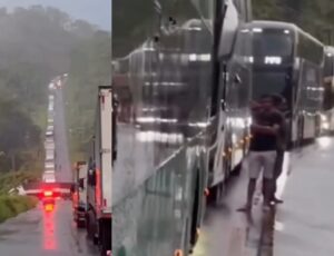 Carreta tombada na BR-174 bloqueia a estrada e fila de veículos travados já dura mais de 12 horas; veja vídeo