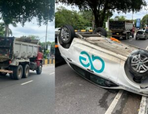 Caçamba bate em carro da Águas de Manaus e provoca capotamento; funcionários recebem primeiros socorros; veja vídeo