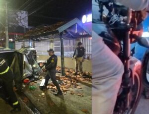 Madrugada de acidentes: carro destrói parada de ônibus e motoqueiro quase é esmagado em Manaus; veja vídeo