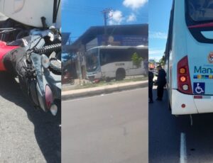 Piloto de moto fica gravemente ferido após ser atropelado por ônibus na avenida Autaz Mirim; veja vídeo