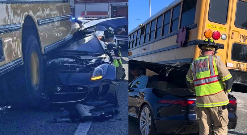 Carro de luxo fica preso embaixo de ônibus escolar na Flórida; veja vídeo