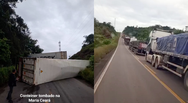 “Tudo parado na BR-174”: tombamento de carretas bloqueia tráfego na ladeira ‘Maria Ceará’; veja vídeo
