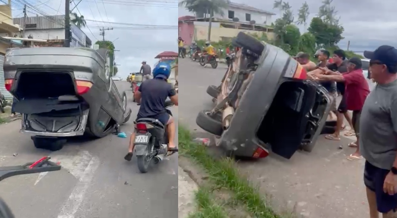 Vizinhos socorrem motorista e ajudam a desvirar carro capotado em Tefé; veja vídeo
