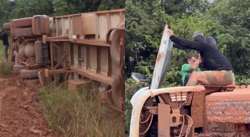 Carreta que vinha de Goiás para Manaus tomba no trecho do barro da BR-319; veja vídeo
