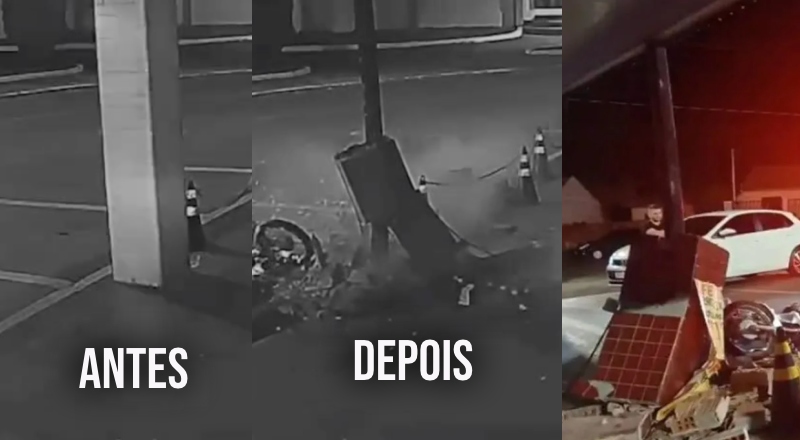 “A porrada foi seca, que até derrubou a parede”: motoqueiro tenta fugir da PM e colide contra coluna de concreto; veja vídeo