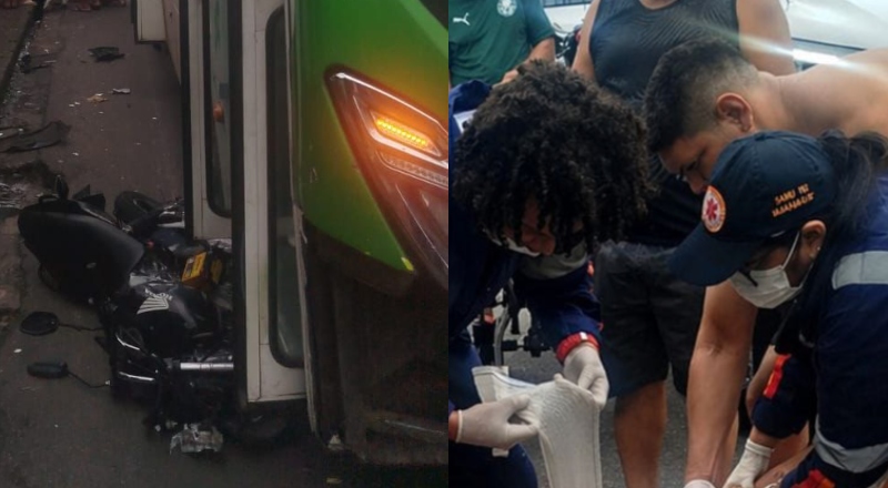 Urgente: moto vai parar debaixo de ônibus no bairro Alvorada e motoqueiro fica em estado gravíssimo; veja vídeo